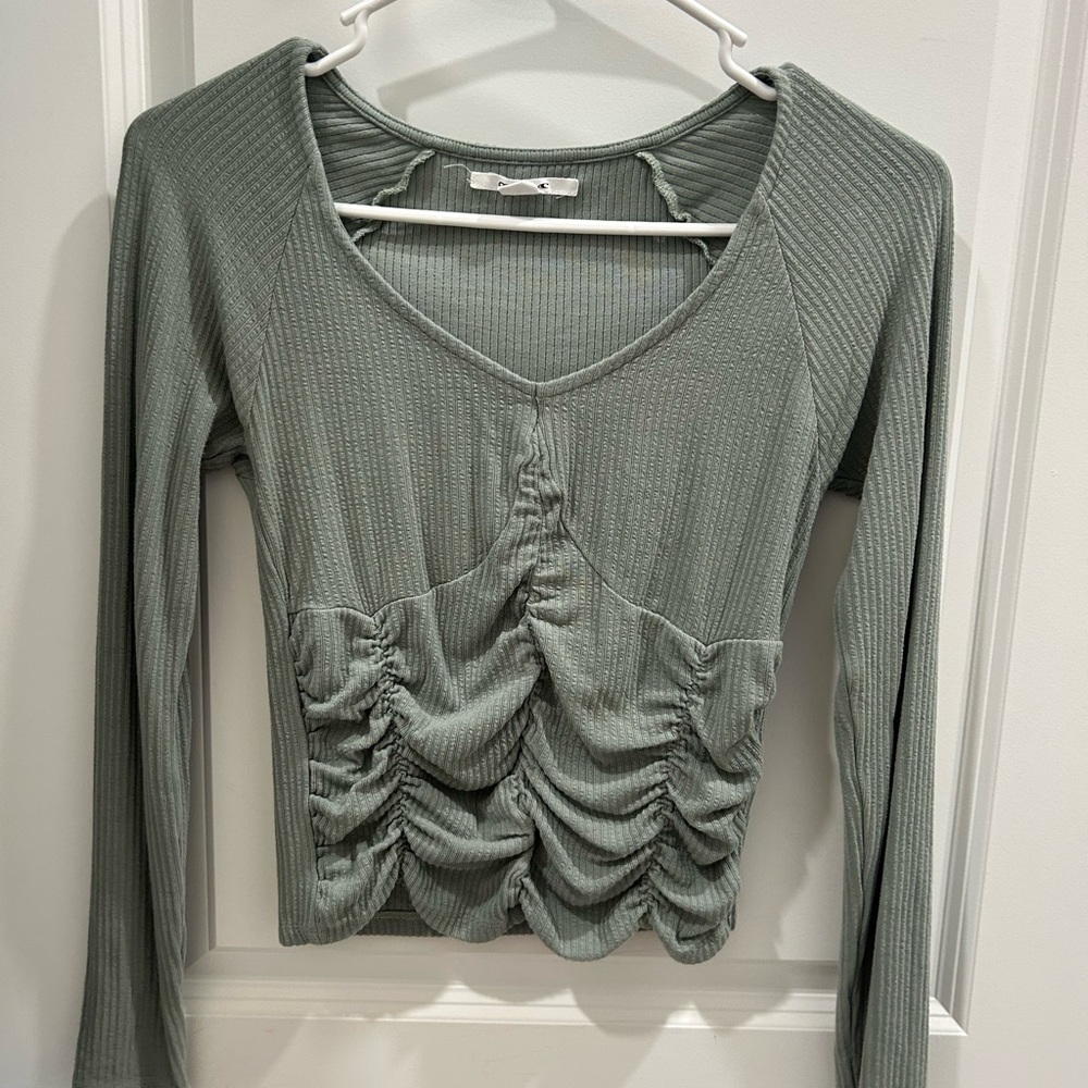 Women's Green Ruched Long Sleeve Top